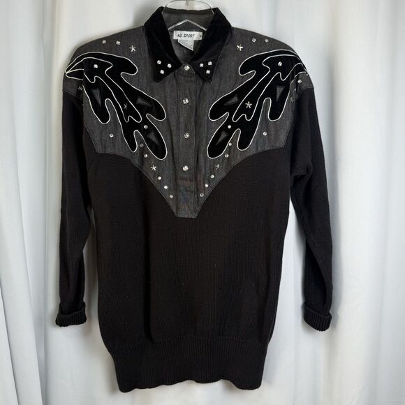 Vintage I.B. Sport 90s Ribbed Denim Embellished Western Style Pullover Top Sz M - Picture 1 of 6